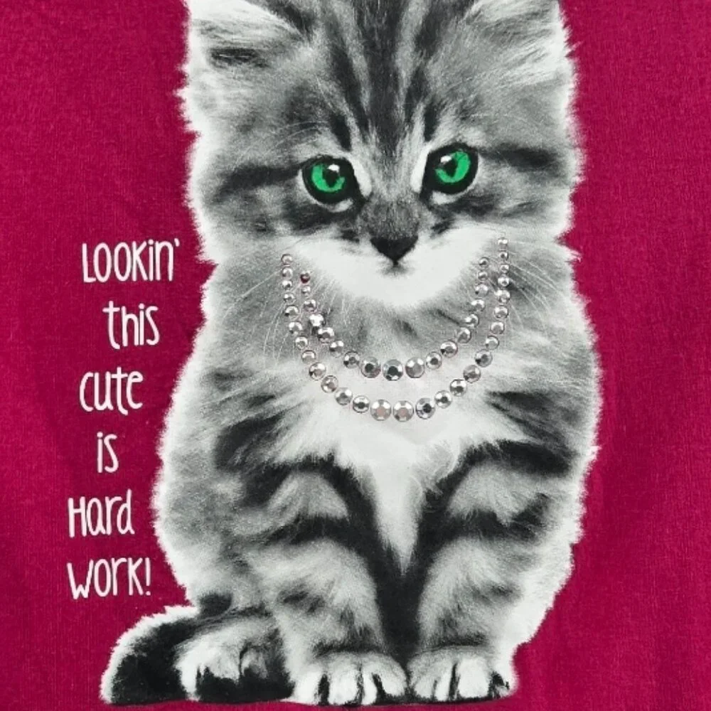 Faded Glory Bright Pink Girl's Beaded Kitten Long Sleeved Shirt Large 10